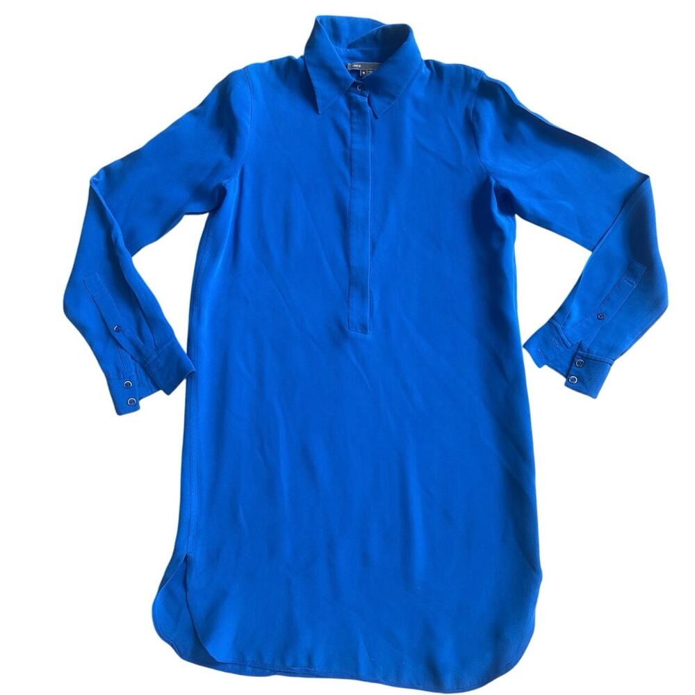Vince 100% Silk Long Sleeve Collared Mini Shirt Dress Solid Cobalt Blue EUC M/8